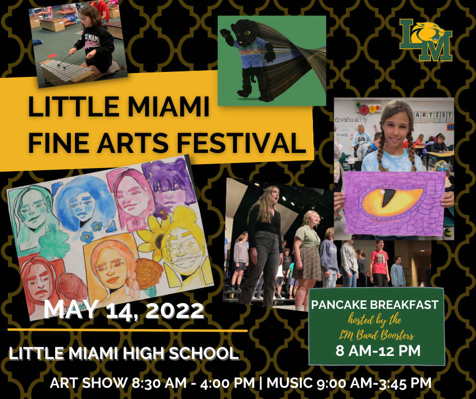 Fine Arts Festival poster featuring student artwork, students singing, student playing xylophone